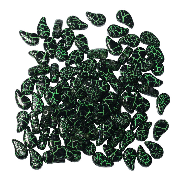 Czech Glass, 2-Hole Paisley Duo Beads 8x5mm, Ionic Jet/Green (22 Gram Tube)