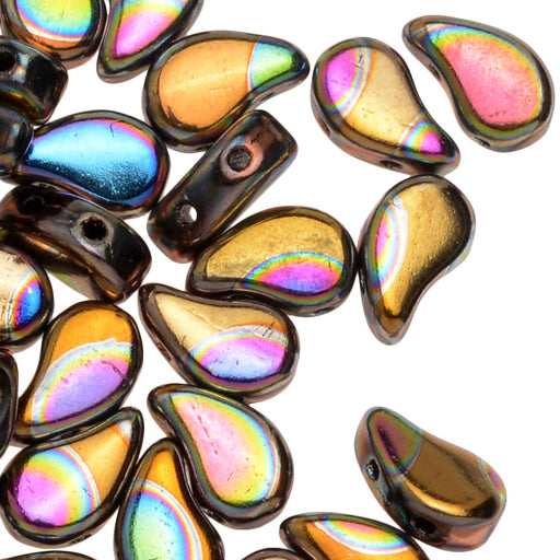 Czech Glass, 2-Hole Paisley Duo Beads 8x5mm, Jet Orange Rainbow Big Dot (22 Gram Tube)