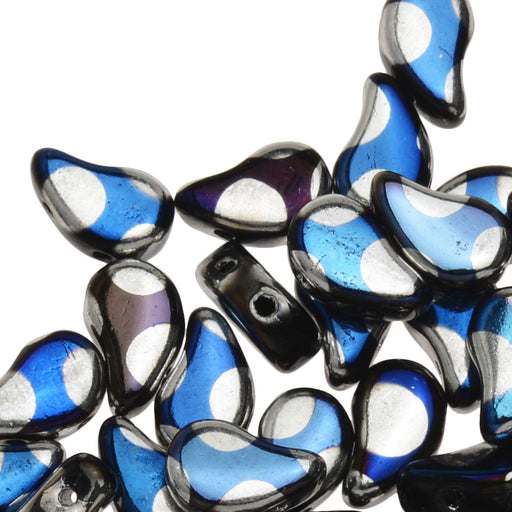 Czech Glass, 2-Hole Paisley Duo Beads 8x5mm, Jet Blue Moon Dot (22 Gram Tube)