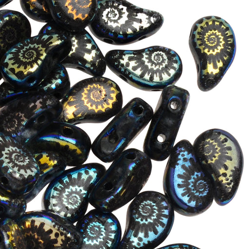 Czech Glass, 2-Hole Paisley Duo Beads 8x5mm, Jet Matte AB Laser Etched Shell (22 Gram Tube)