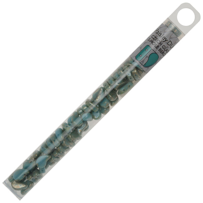 Czech Glass, 2-Hole Paisley Duo Beads 8x5mm, Turquoise Blue Rembrandt (22 Gram Tube)