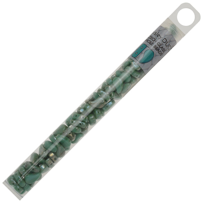 Czech Glass, 2-Hole Paisley Duo Beads 8x5mm, Turquoise Green Rembrandt (22 Gram Tube)