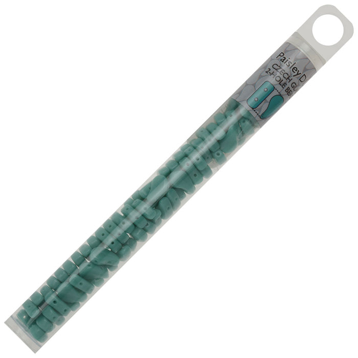 Czech Glass, 2-Hole Paisley Duo Beads 8x5mm, Turquoise Green Opaque (22 Gram Tube)