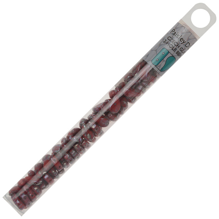 Czech Glass, 2-Hole Paisley Duo Beads 8x5mm, Red Rembrandt (22 Gram Tube)