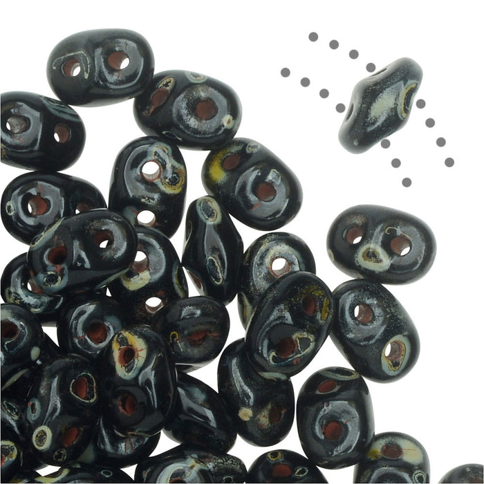 SuperDuo 2-Hole Czech Glass Beads, Jet Dark Travertine, 2x5mm, 8g Tube