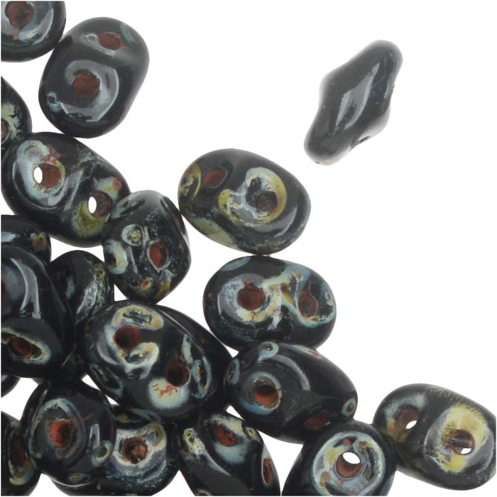 SuperDuo 2-Hole Czech Glass Beads, Jet Picasso, 2x5mm, 8g Tube