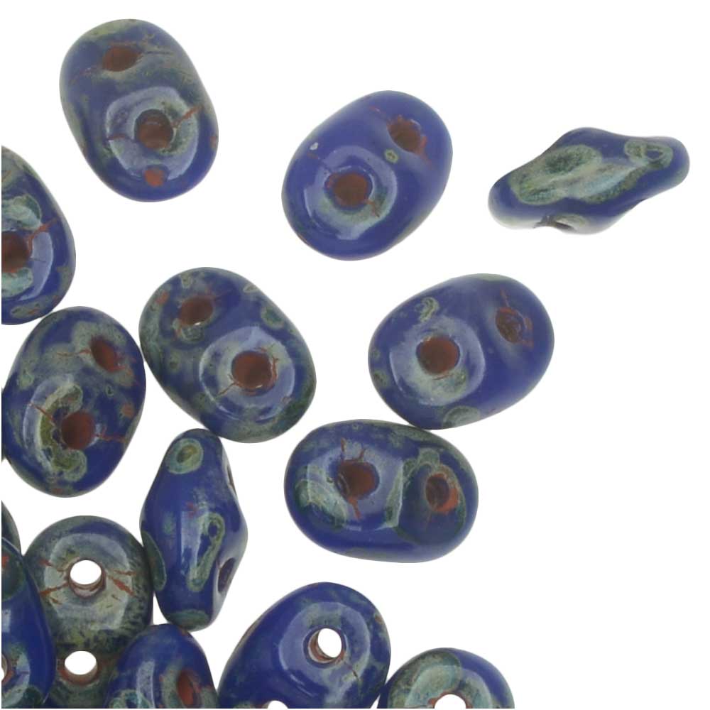 SuperDuo 2-Hole Czech Glass Beads, Opaque Blue Picasso, 2x5mm, 8g Tube