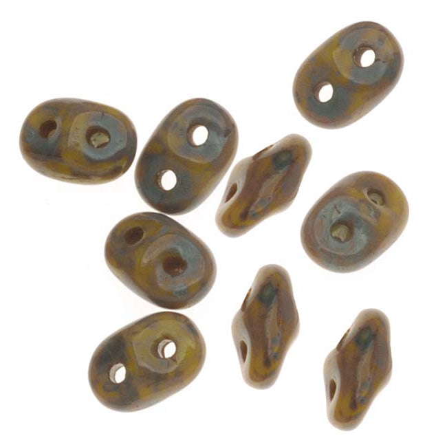 SuperDuo 2-Hole Czech Glass Beads, Opaque Olive Picasso, 2x5mm, 8g Tube