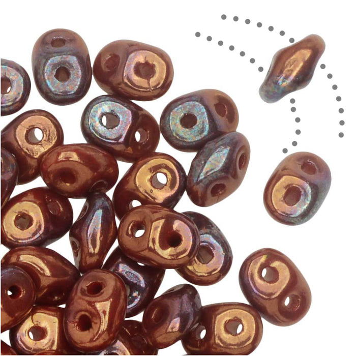 SuperDuo 2-Hole Czech Glass Beads, Opaque Red/Bronze Luster, 2x5mm, 8g Tube