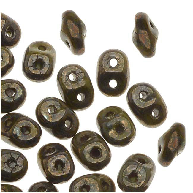 SuperDuo 2-Hole Czech Glass Beads, Opaque Olive/Bronze Picasso, 2x5mm, 8g Tube