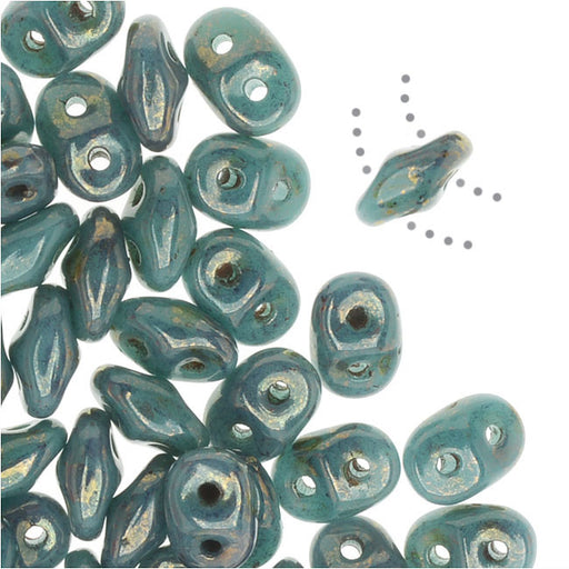 SuperDuo 2-Hole Czech Glass Beads, Turquoise Bronze Picasso, 2x5mm, 8g Tube