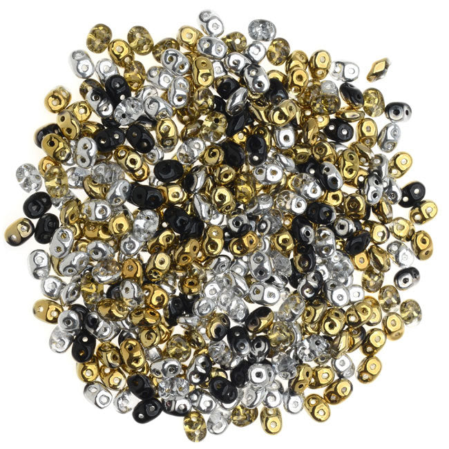SuperDuo 2-Hole Czech Glass Beads, Silver and Gold Mix, 2x5mm, 24g Tube