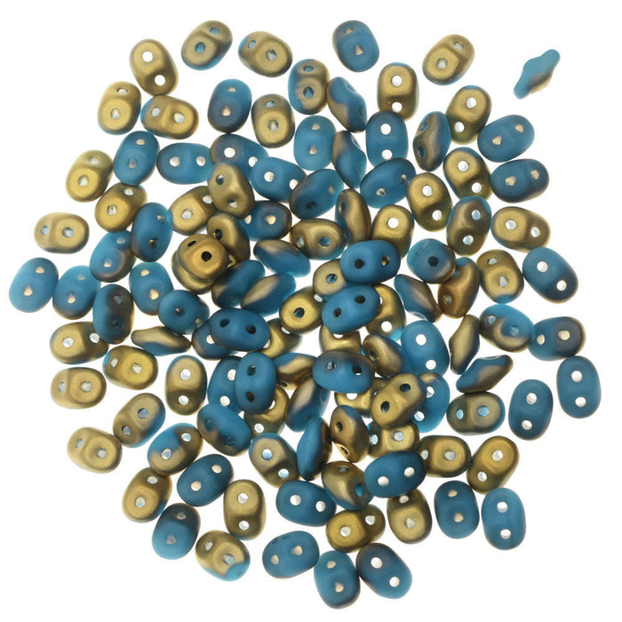 SuperDuo 2-Hole Czech Glass Beads, Opaque Matte Blue Turquoise/Fool's Gold, 8g Tube
