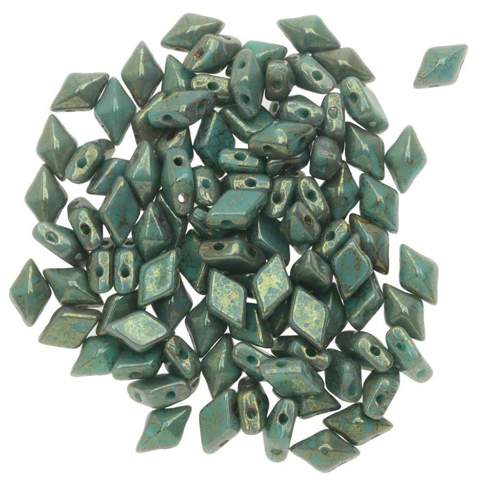 Czech Glass DiamonDuo, 2-Hole Diamond Shaped Beads 5x8mm, Turquoise Lumi Pecan (10 Gram Pack)