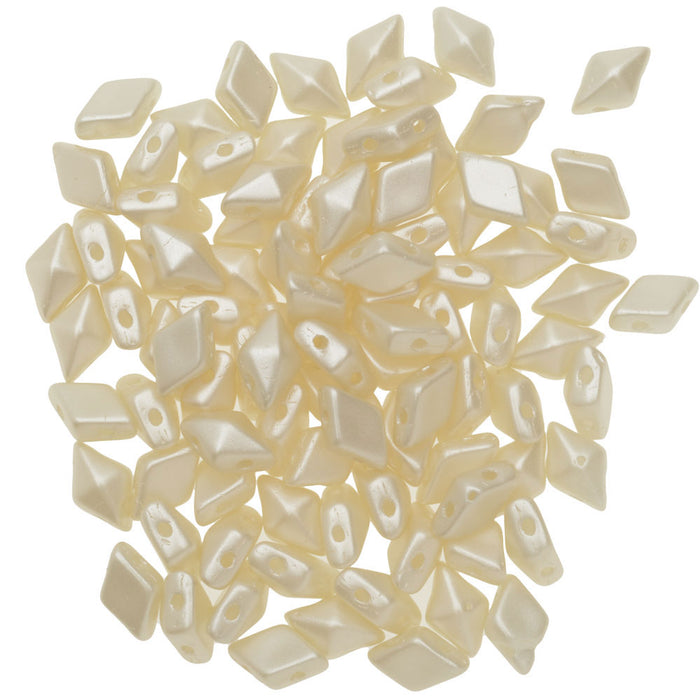 Czech Glass DiamonDuo, 2-Hole Diamond Shaped Beads 5x8mm, Cream Airy Pearl (10 Gram Pack)