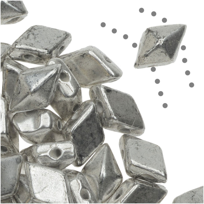 Czech Glass DiamonDuo, 2-Hole Diamond Shaped Beads 5x8mm, Antique Silver (10 Gram Pack)