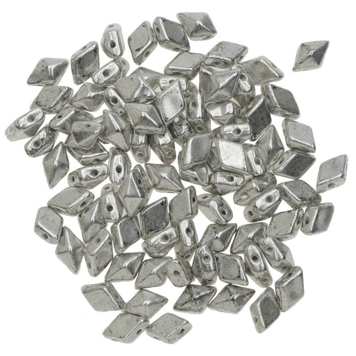 Czech Glass DiamonDuo, 2-Hole Diamond Shaped Beads 5x8mm, Antique Silver (10 Gram Pack)
