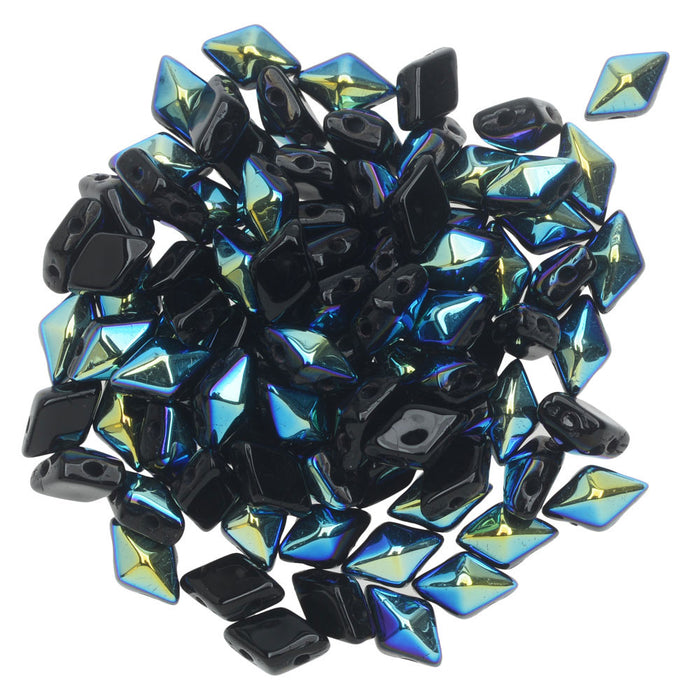 Czech Glass DiamonDuo, 2-Hole Diamond Shaped Beads 5x8mm, Jet AB (10 Gram Pack)