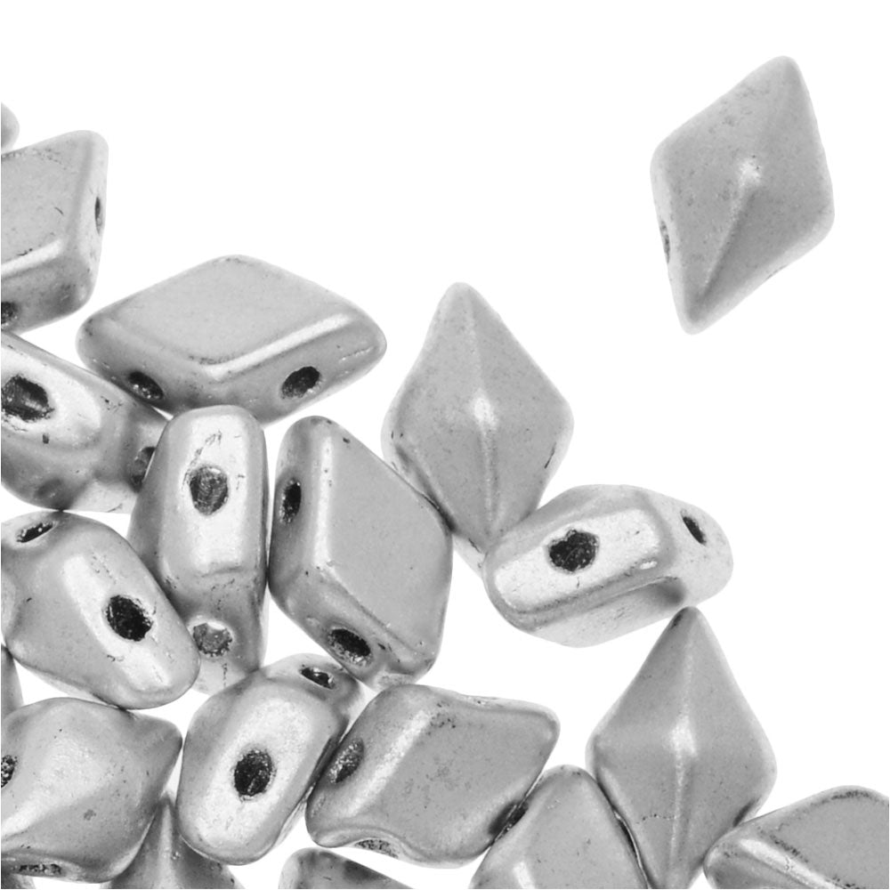 Czech Glass DiamonDuo, 2-Hole Diamond Shaped Beads 5x8mm, Matte Silver (10 Gram Pack)