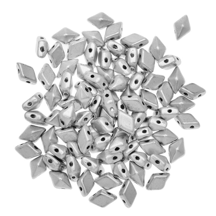 Czech Glass DiamonDuo, 2-Hole Diamond Shaped Beads 5x8mm, Matte Silver (10 Gram Pack)