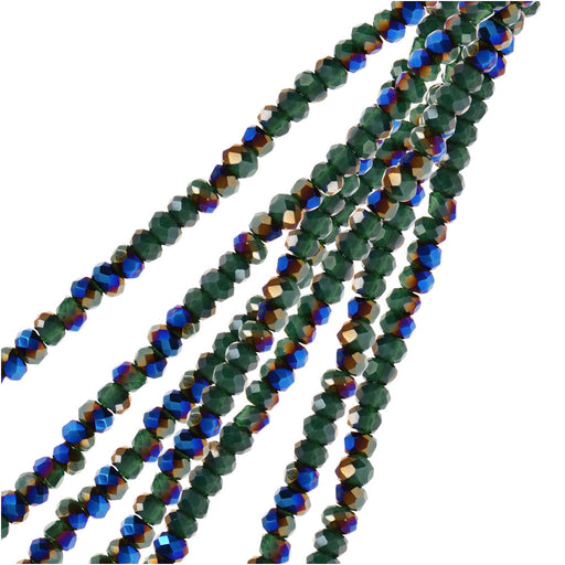 Crystal Beads, Faceted Rondelle 1.5x2.5mm, Opaque Dark Green w/Half Blue Iris (2 Strands)