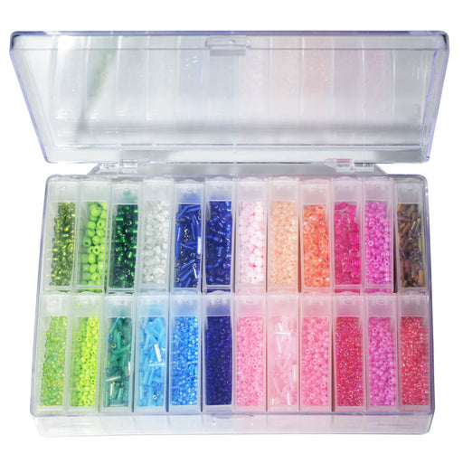 Basic Elements, Glass Seed Bead Assortment and Storage Container, Size 6/0, 11/0 Round Beads & 5mm Bugle Beads