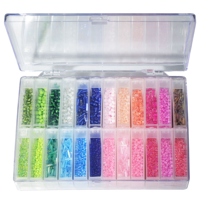 Basic Elements, Glass Seed Bead Assortment and Storage Container, Size 6/0, 11/0 Round Beads & 5mm Bugle Beads