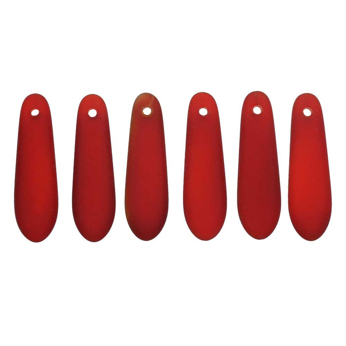 Cultured Sea Glass, Elongated Teardrop Pendants 24mm, Cherry Red (6 Pieces)