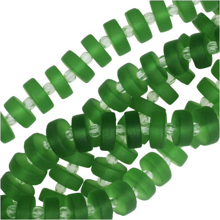 Cultured Sea Glass, Button Heishi Spacer Beads 9mm, Shamrock Green (36 Pieces)