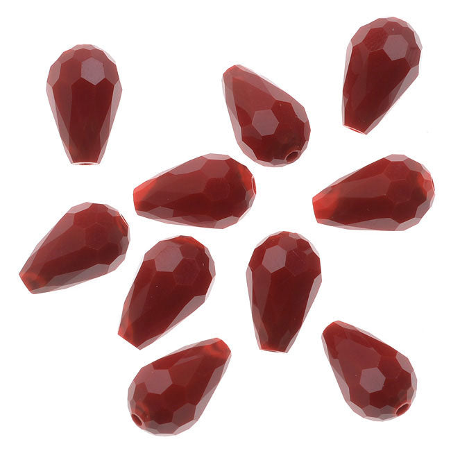 Simulated Ruby Glass Beads, 8x11mm Faceted Drops, Ruby Red (10 Pieces)