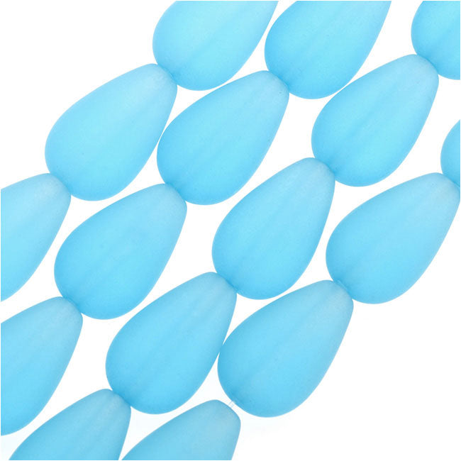 Cultured Sea Glass, Round Teardrop Beads 16x10mm, Aqua Blue (6 Pieces)