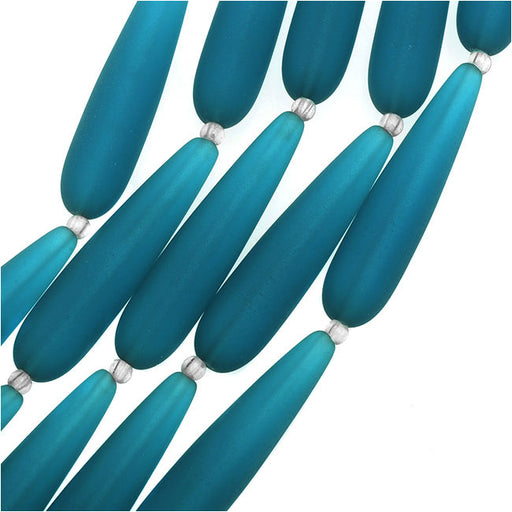 Cultured Sea Glass, Long Teardrop Beads 38x9mm, Teal Blue (5 Pieces)