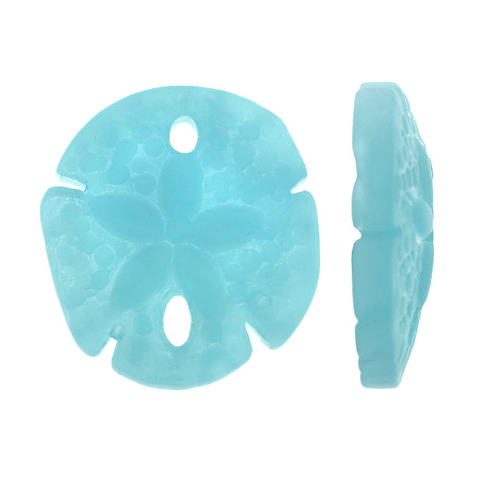 Cultured Sea Glass, Sand Dollar Pendants 21x19mm, Opaque Aqua Blue (2 Pieces)