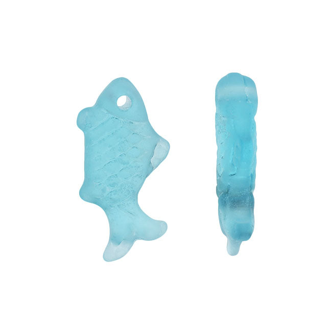 Cultured Sea Glass, Fish Pendants 24x12mm, Aqua Blue (2 Pieces)