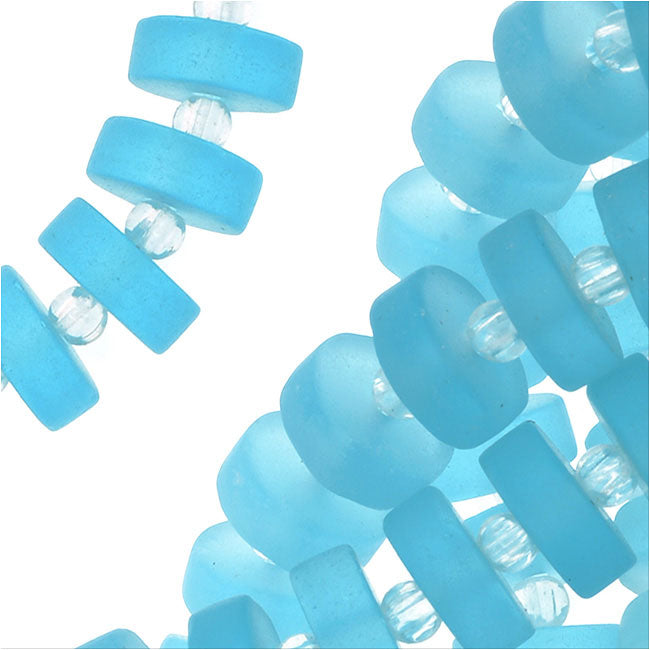 Cultured Sea Glass, Button Heishi Spacer Beads 9mm, Aqua Blue (36 Pieces)