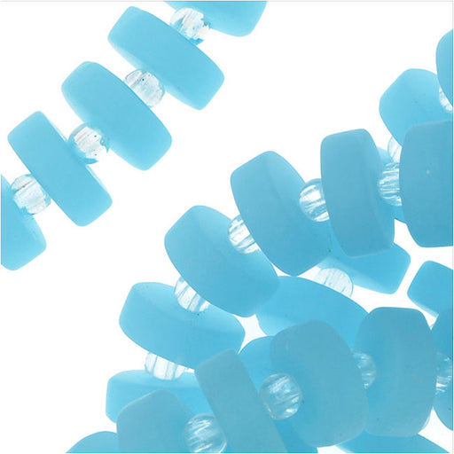 Cultured Sea Glass, Button Heishi Spacer Beads 9mm, Opaque Blue Opal (36 Pieces)