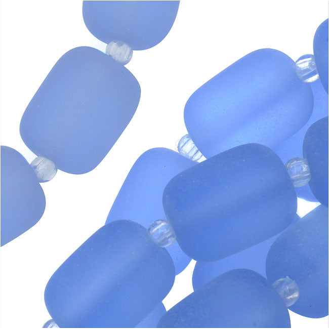 Cultured Sea Glass, Barrel Nugget Beads 13x10mm, Light Sapphire (13 Pieces)