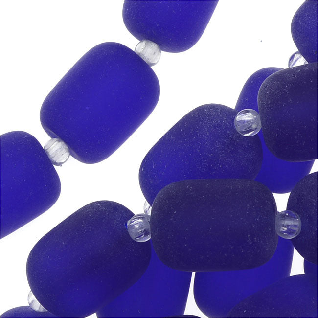 Cultured Sea Glass, Barrel Nugget Beads 13x10mm, Royal Blue (13 Pieces)