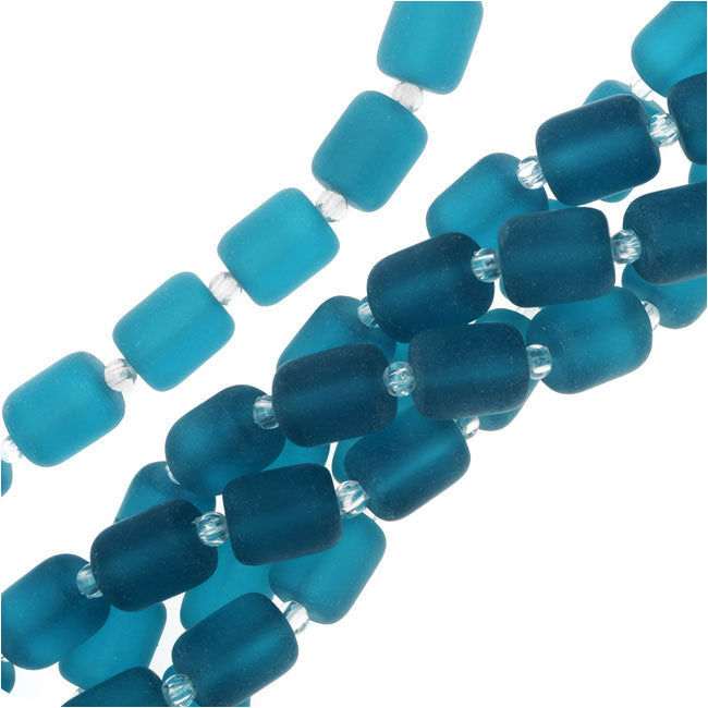 Cultured Sea Glass, Barrel Nugget Beads 10x8mm, Teal Blue (17 Pieces)