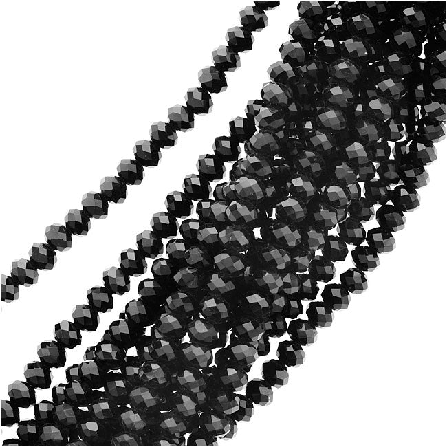 Jet Black Glass Faceted Rondelle Beads 3x4mm (19 Inch Strand)