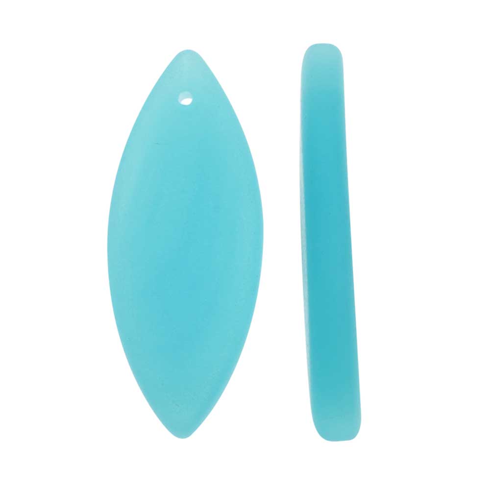 Cultured Sea Glass, Marquise Spindle Pendants 32x13mm, Opaque Aqua Blue (2 Pieces)