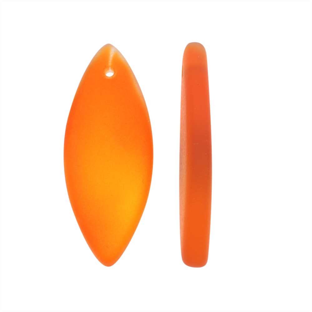 Cultured Sea Glass, Marquise Spindle Pendants 31x12mm, Tangerine Orange (2 Pieces)