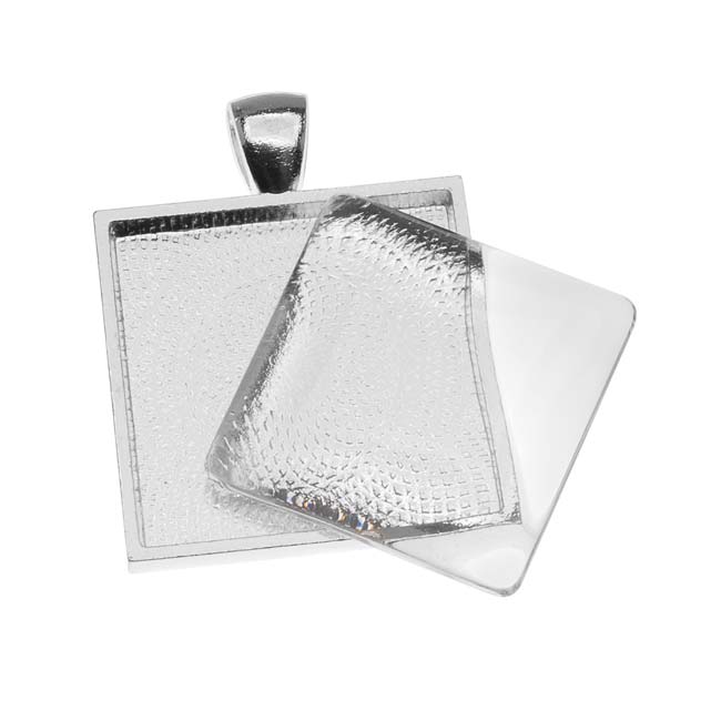 Bezel Pendant & Glass Cabochon, Square 25mm, Silver Plated (1 Set)