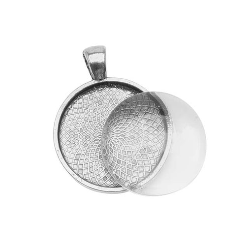 Bezel Pendant & Glass Cabochon, Round 25mm, Antiqued Silver Plated (1 Set)