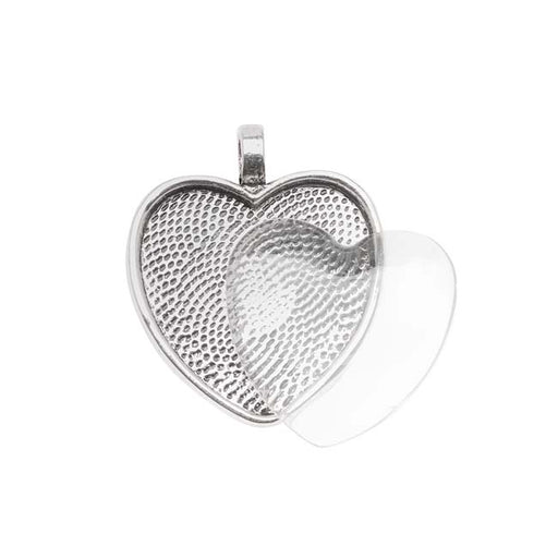 Bezel Pendant & Glass Cabochon, Heart 25mm, Antiqued Silver Plated (1 Set)