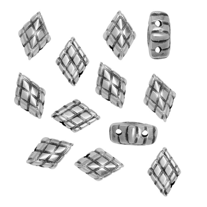 Cymbal Bead Substitute for GemDuo Beads, Plaka, 2-Hole Diamond Cross Hatch,8x5mm, Ant Silver (12 Pcs)