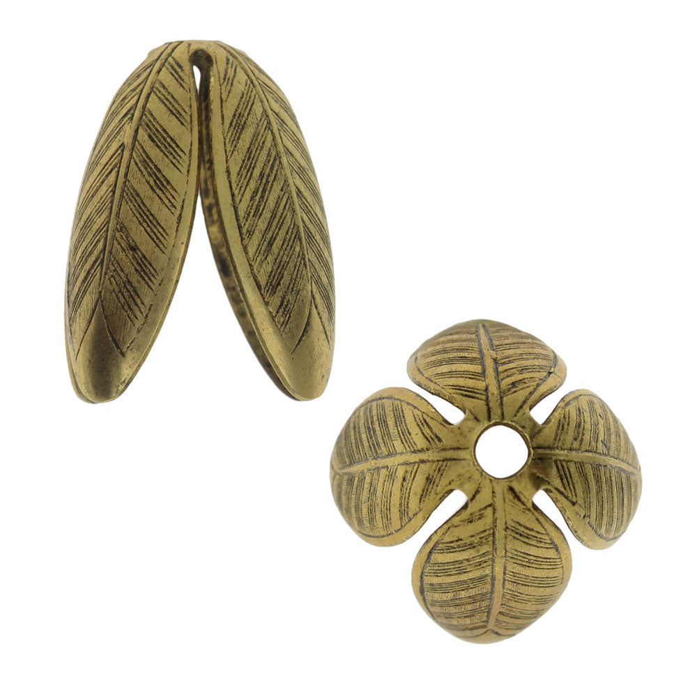 Nunn Design Bead Caps, Grande Leaf 14mm, Antiqued Gold (2 Pieces)