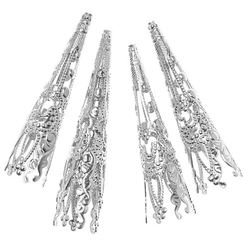 Bright Silver Plated Long Filigree Cone Beads 40mm (4 pcs)