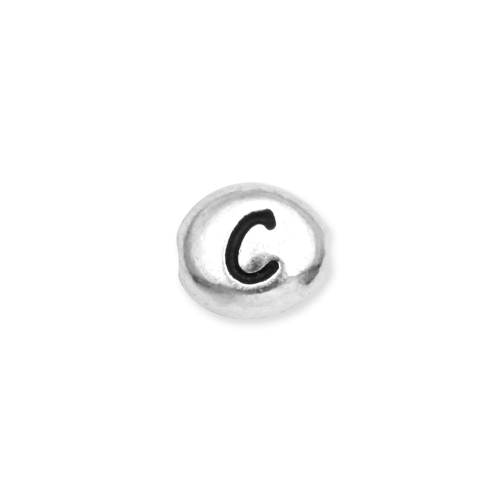 Metal Bead, Oval Alphabet "Letter C" 6.5x6mm, Antiqued White Bronze Plated, by TierraCast (1 Piece)
