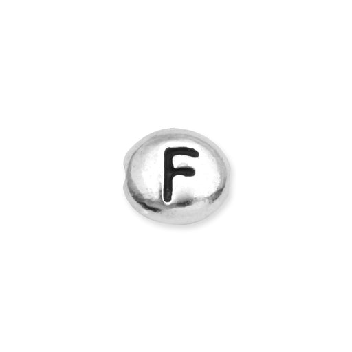 Metal Bead, Oval Alphabet "Letter F" 6.5x6mm, Antiqued White Bronze Plated, by TierraCast (1 Piece)